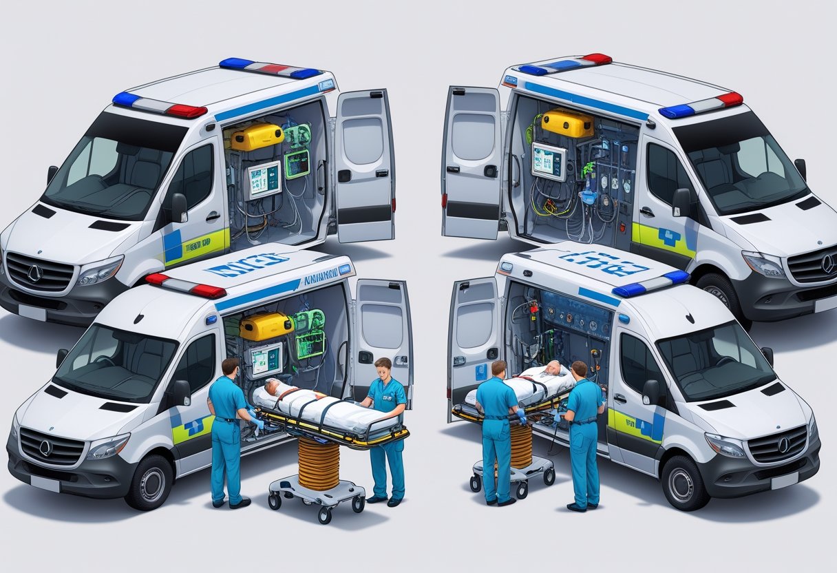 Três tipos de ambulâncias com equipamentos de suporte de vida, mostrando profissionais de saúde atendendo um paciente em uma ambulância de suporte avançado.
