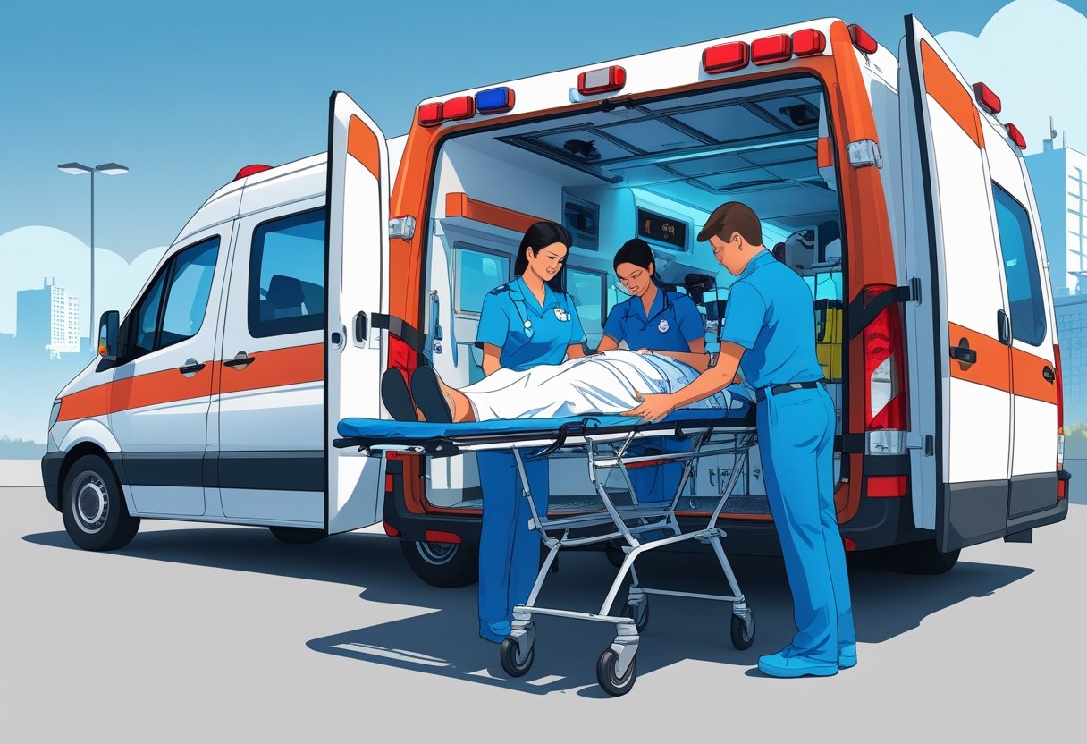 Uma ambulância com as portas traseiras abertas, profissionais de saúde ajudando um paciente em uma maca durante o transporte.