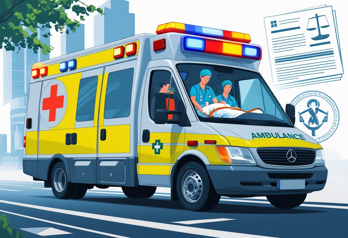 Ambulância transportando um paciente com profissionais de saúde atendendo dentro do veículo em uma rua da cidade.