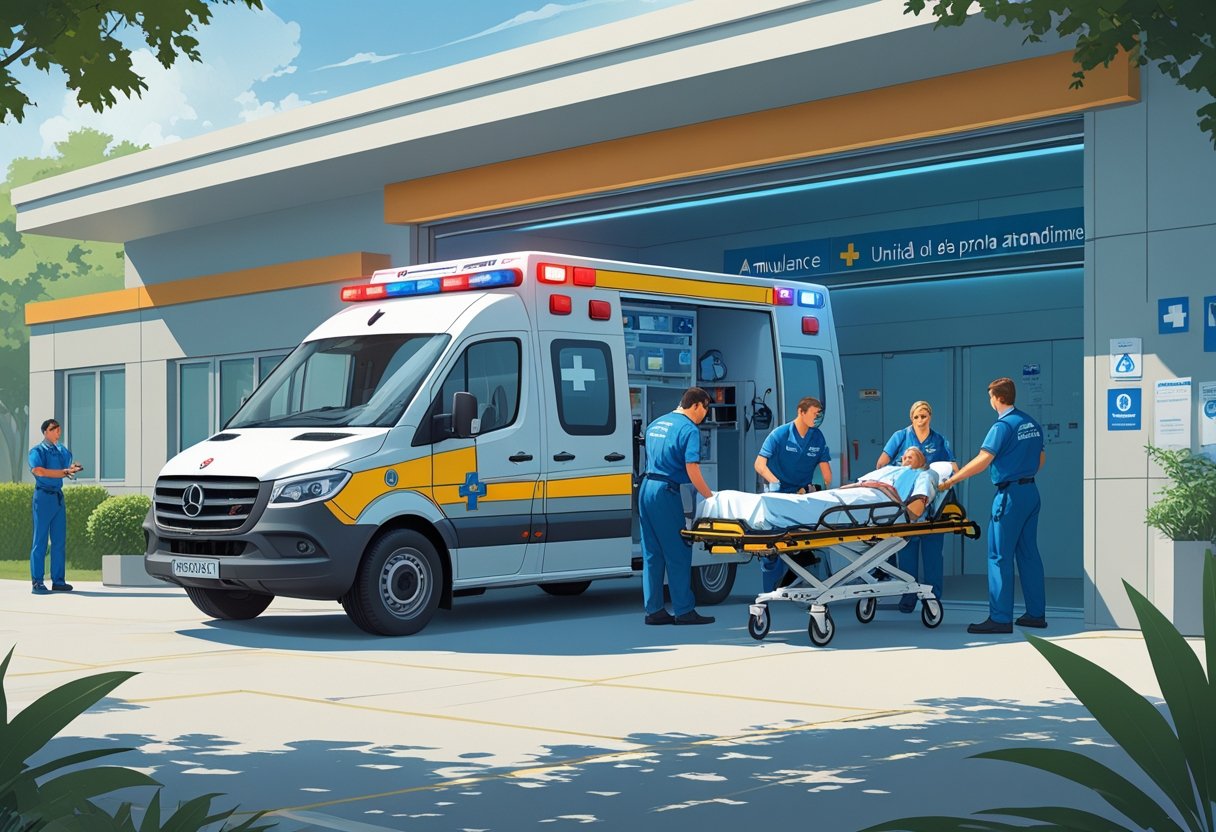 Ambulância estacionada em frente a uma UPA com paramédicos atendendo um paciente em uma maca.