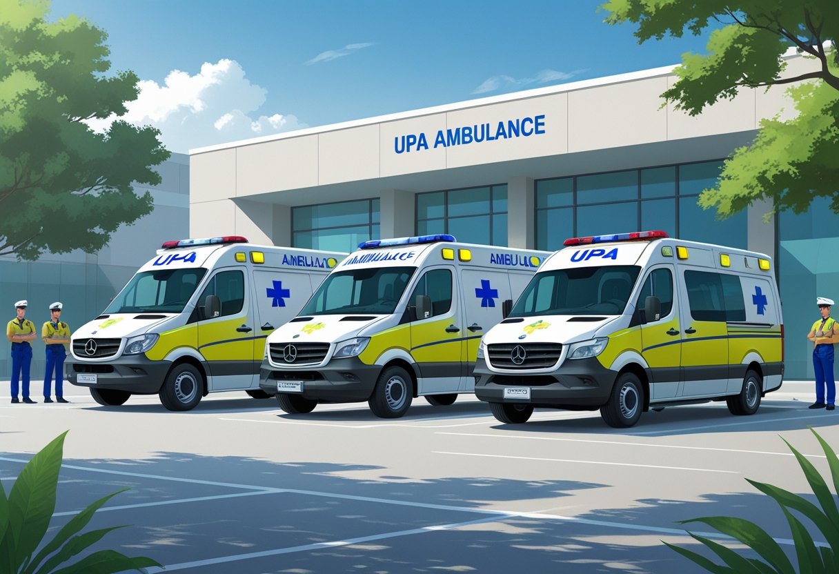 Três tipos diferentes de ambulância estacionadas em frente a uma unidade de pronto atendimento, com profissionais de saúde próximos.