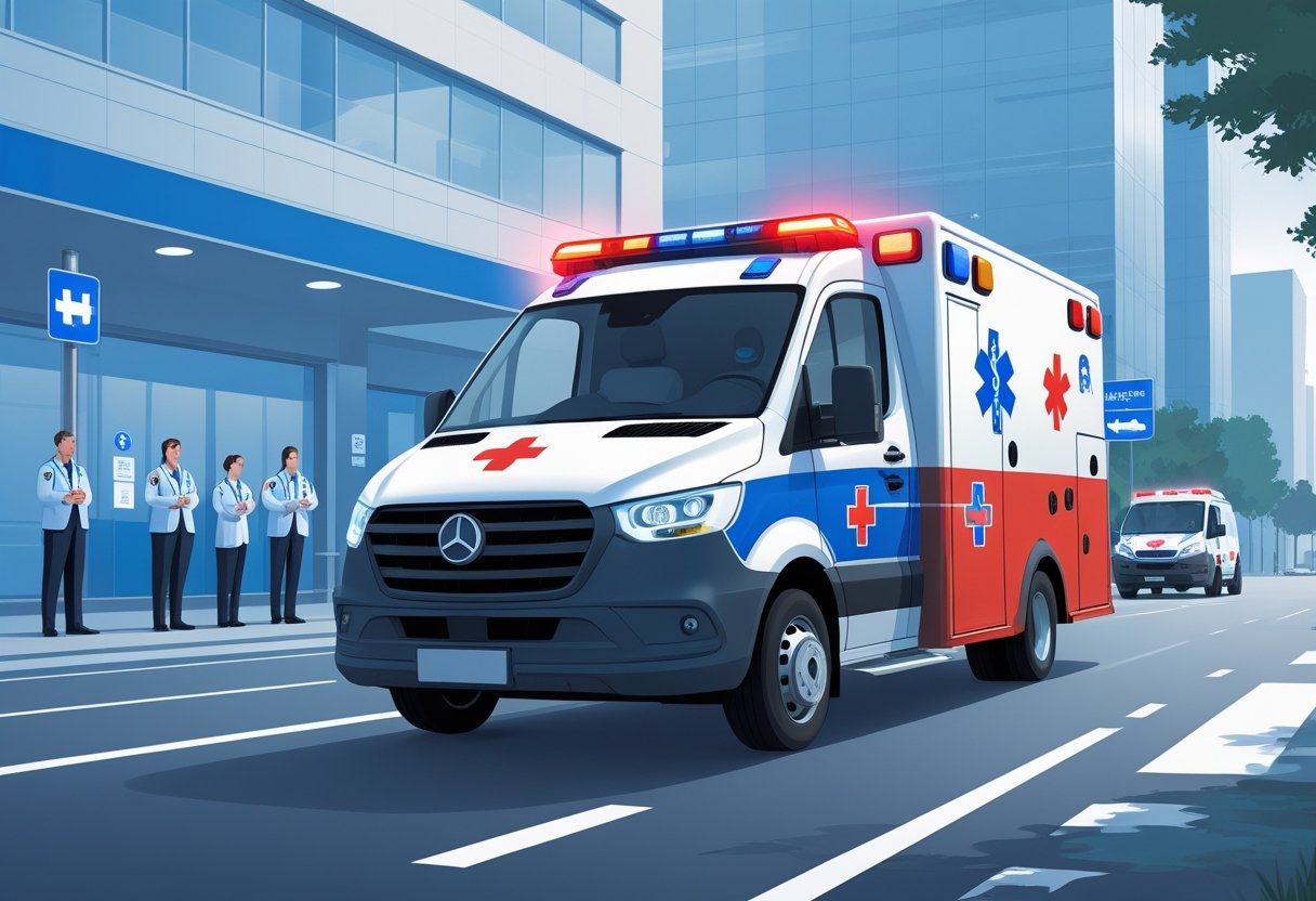 Ambulância em movimento rápido em uma rua da cidade próxima a um hospital, com profissionais de saúde próximos, destacando a importância do transporte de ambulância.