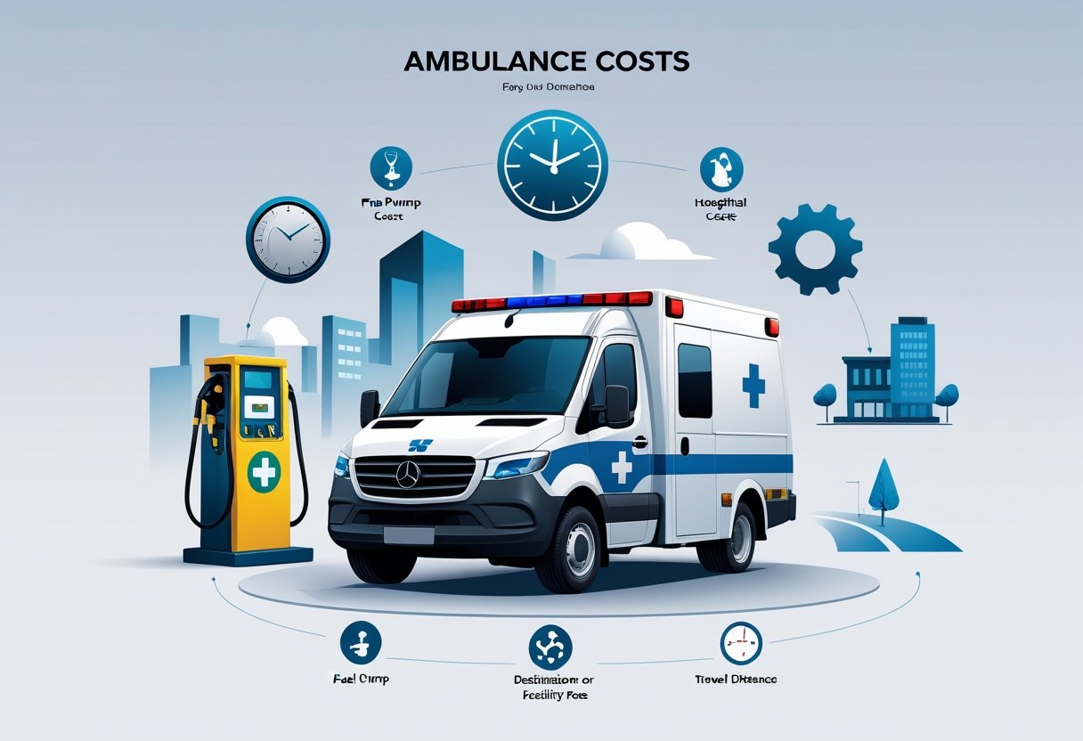 Ambulância cercada por ícones que representam fatores de custo como combustível, tempo, equipe médica, hospital, distância e manutenção.