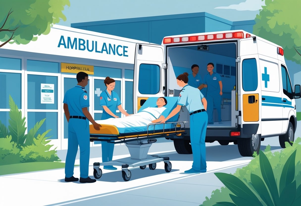 Transporte Ambulância Gratuito: Como Solicitar Pelo SUS e Seus Direitos Uma ambulância moderna com profissionais de saúde ajudando um paciente em uma maca perto da entrada de um hospital.