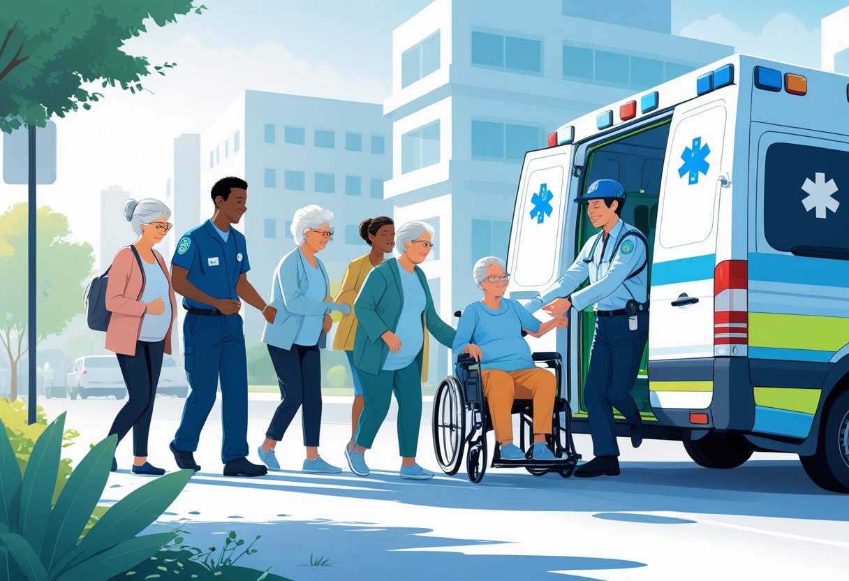 Transporte Ambulância Gratuito: Como Solicitar Pelo SUS e Seus Direitos Paramédico ajudando pessoas diversas a embarcar em uma ambulância em um ambiente urbano próximo a um hospital.