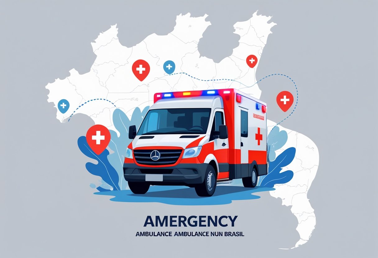Telefone de Ambulância Emergência: Como Acionar o SAMU 192 e Outros Serviços de Resgate Ilustração de uma ambulância com luzes de emergência ligadas diante de um mapa estilizado do Brasil com ícones de telefone e símbolos de emergência ao redor.