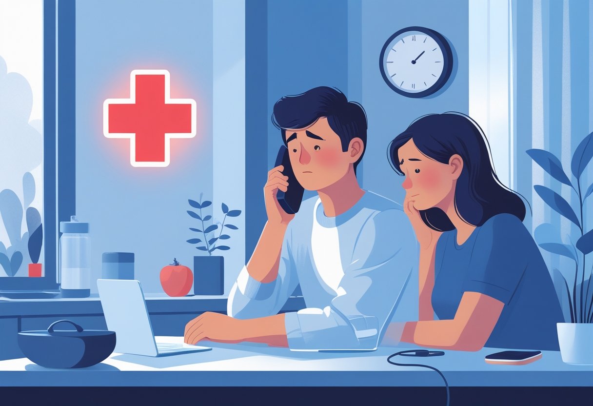 Telefone de Ambulância Emergência: Como Acionar o SAMU 192 e Outros Serviços de Resgate Pessoa ligando para o telefone de ambulância em casa, com outra pessoa ao lado oferecendo apoio.