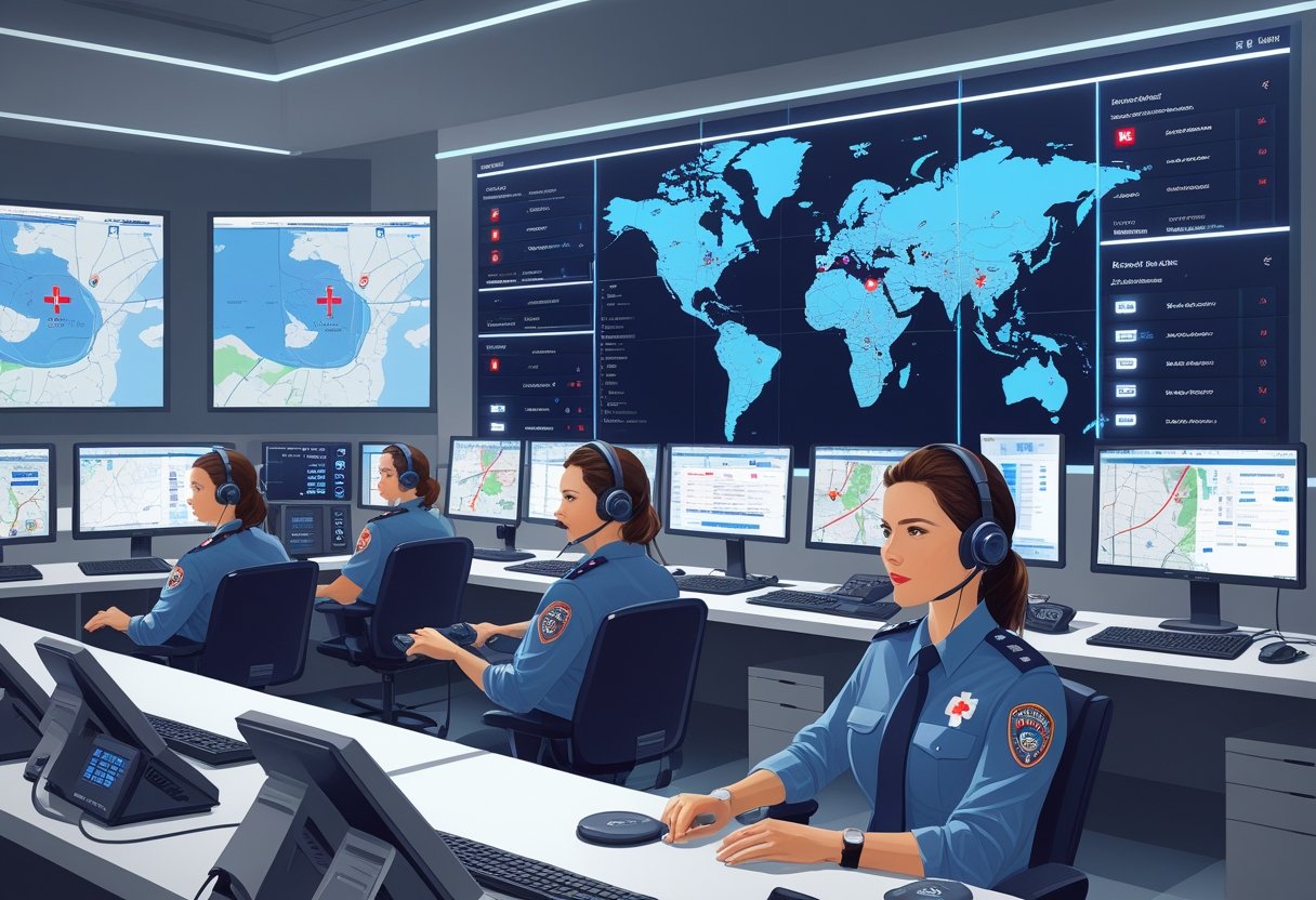 Sala de controle de ambulância com operadores trabalhando em computadores e mapas digitais mostrando rotas de emergência.