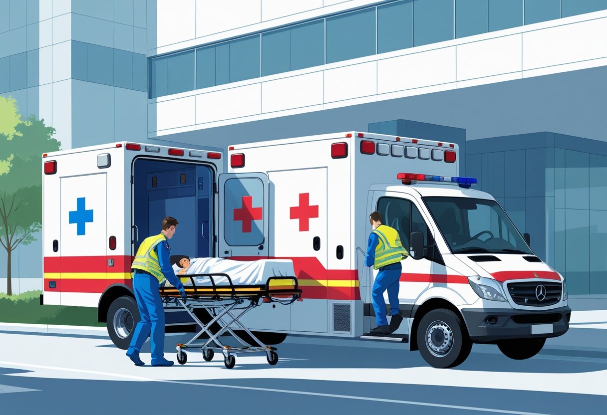 Uma ambulância estacionada em frente a um hospital com paramédicos ajudando um paciente em uma maca a entrar no veículo.