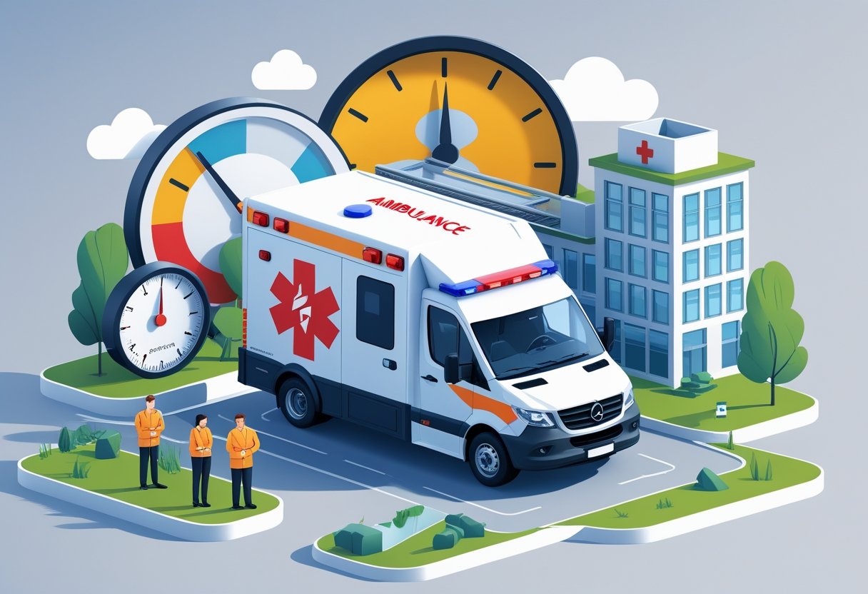 Ilustração mostrando uma ambulância cercada por elementos que representam combustível, tempo, distância, equipe médica e hospital.