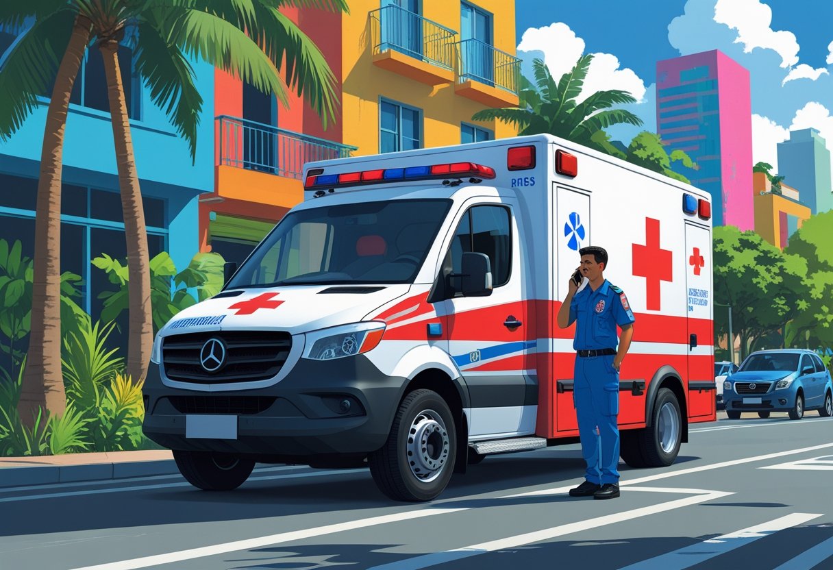 Uma ambulância brasileira estacionada em uma rua da cidade com um paramédico falando ao telefone em frente ao veículo.