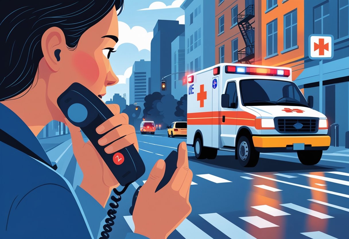 Pessoa segurando um telefone para ligar para a ambulância com uma ambulância se aproximando ao fundo em uma rua da cidade.