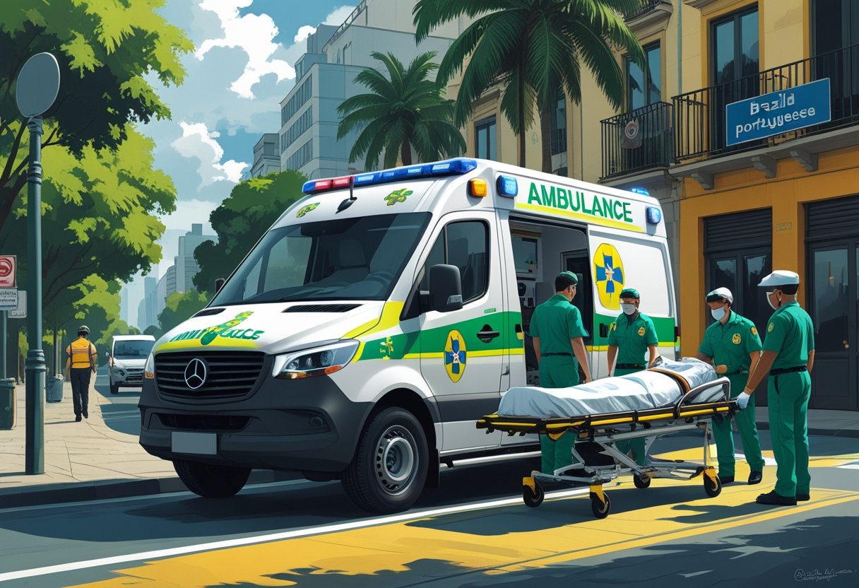 Ambulância brasileira estacionada em uma rua da cidade com paramédicos atendendo um paciente em uma maca.