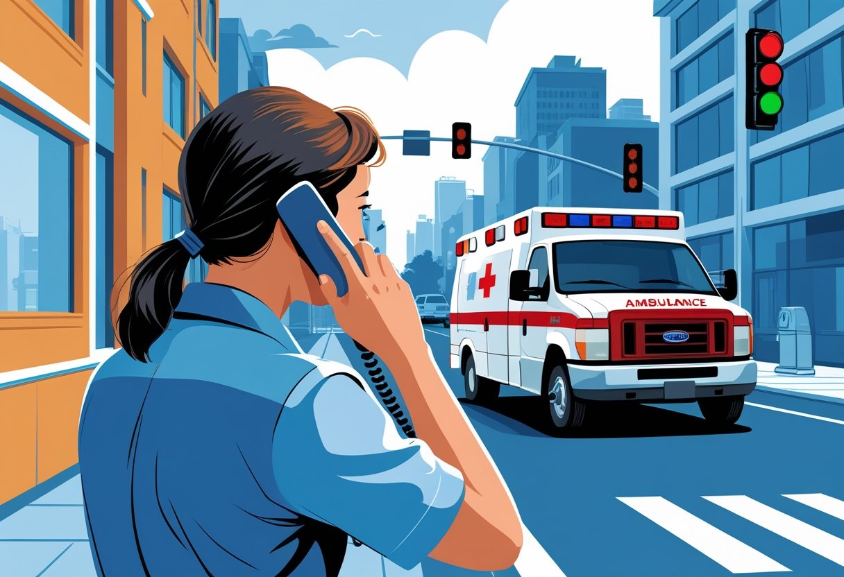 Pessoa ligando para a ambulância com uma ambulância se aproximando em uma rua da cidade.