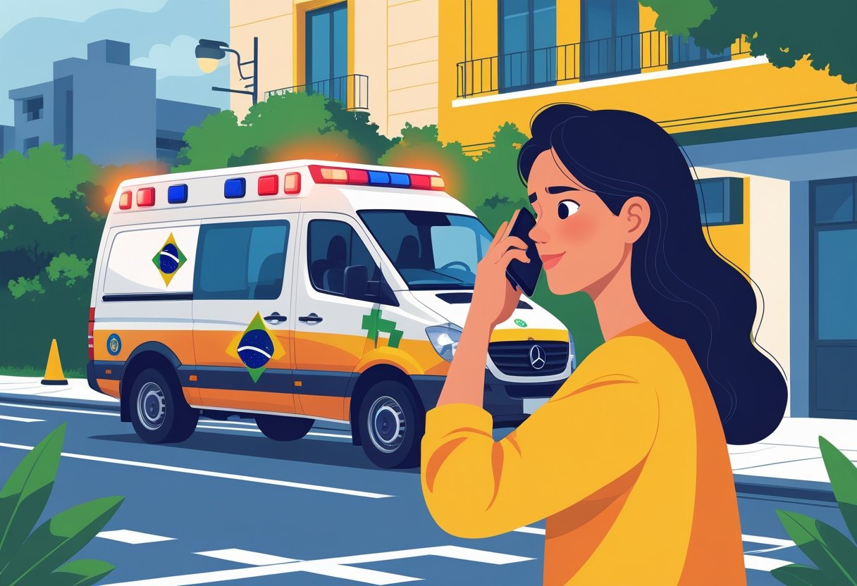Pessoa fazendo uma ligação de emergência para a ambulância, com uma ambulância com as cores do Brasil ao fundo em uma rua da cidade.