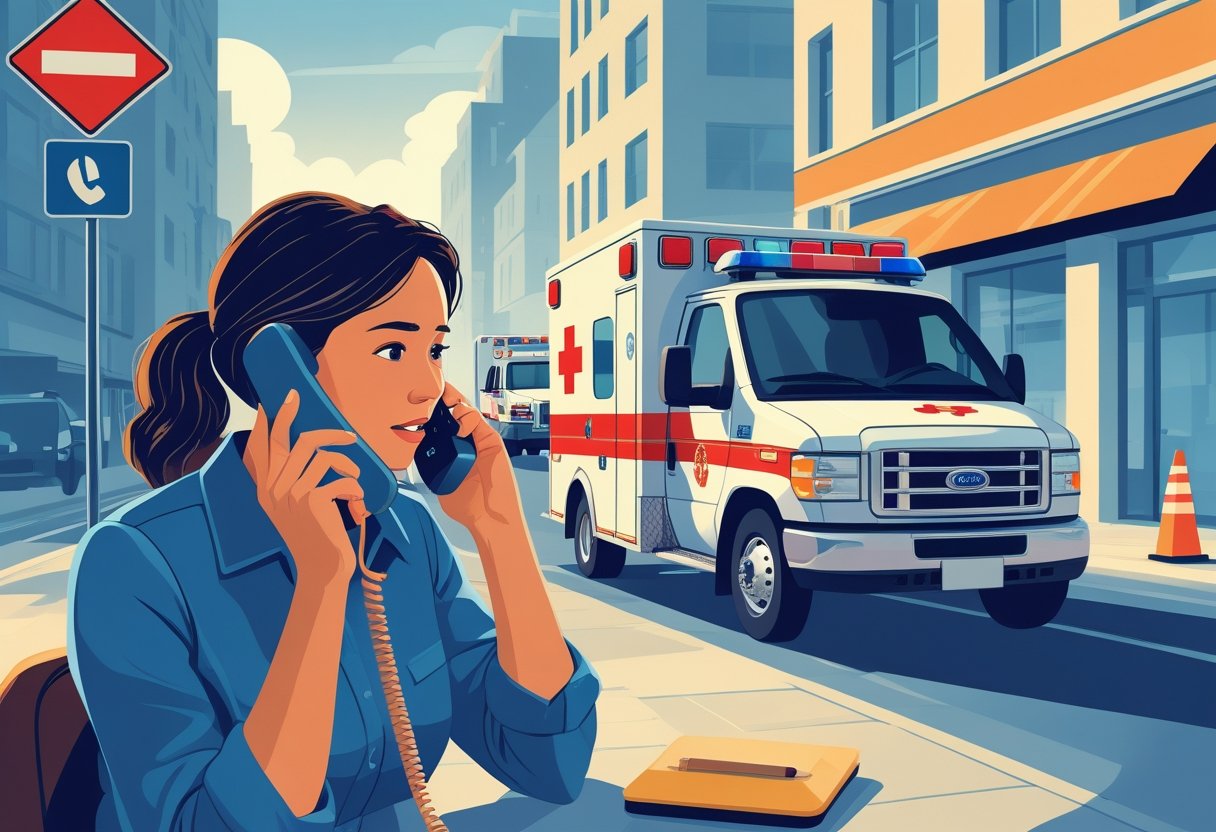 Pessoa ligando para uma ambulância enquanto o veículo de emergência chega em uma rua urbana.