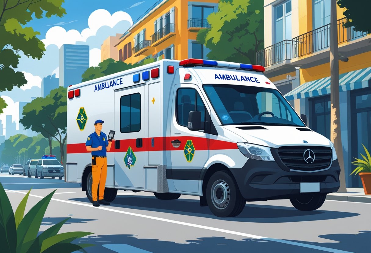 Qual o Número de Telefone da Ambulância: Guia Completo de Emergências Médicas no Brasil Uma ambulância com as cores do Brasil estacionada em uma rua da cidade, com um paramédico ao lado segurando um dispositivo de comunicação.