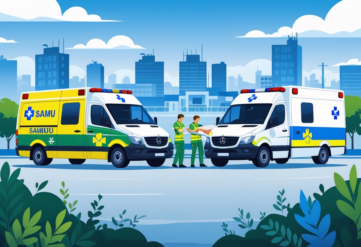 Qual o Número de Telefone da Ambulância: Guia Completo de Emergências Médicas no Brasil Cena mostrando duas ambulâncias, uma do SAMU e outra particular, com profissionais de saúde ajudando um paciente em uma maca, em frente a hospitais e centros de emergência.