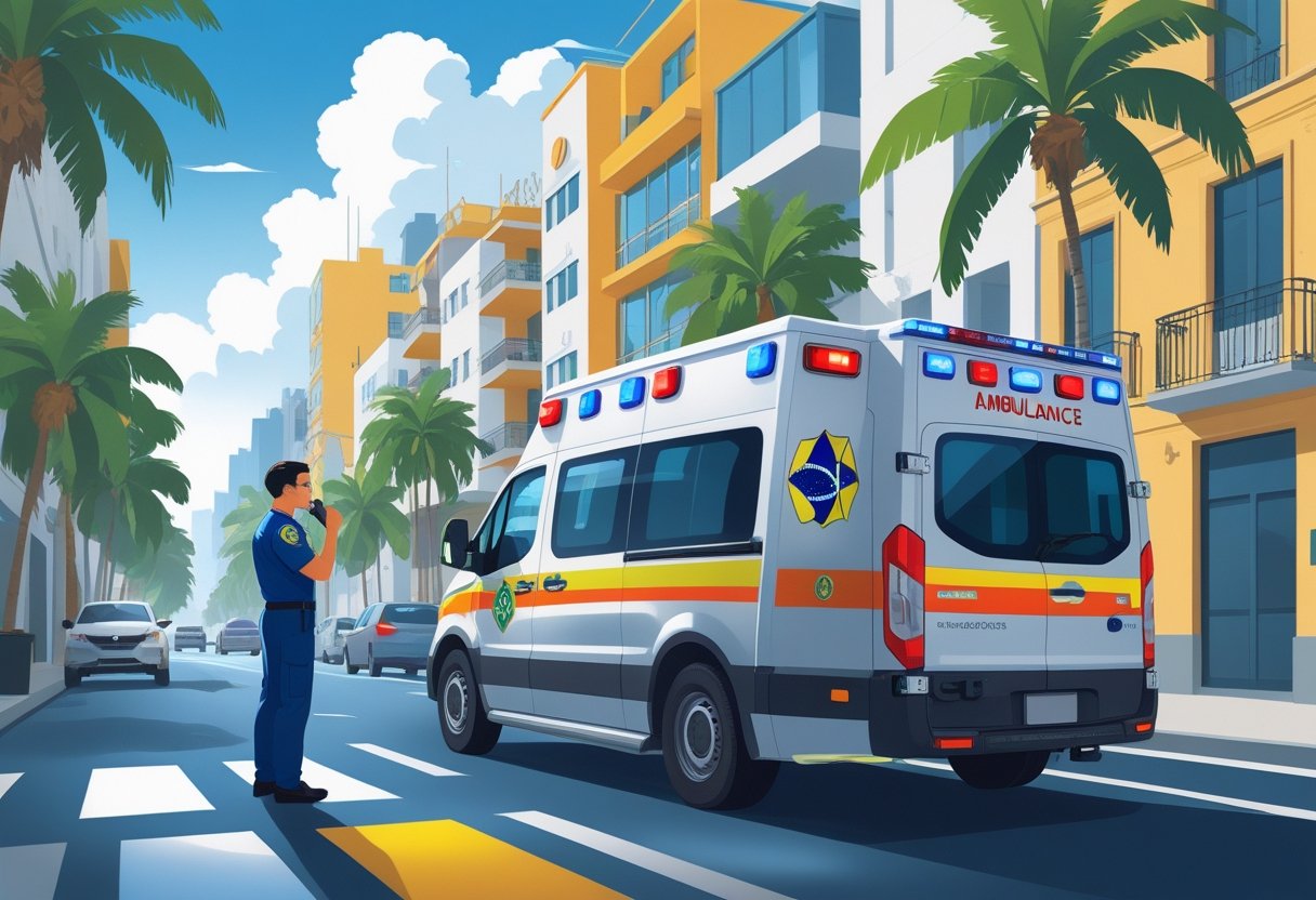 Uma ambulância de emergência com um paramédico usando rádio em uma rua da cidade com elementos brasileiros ao fundo.