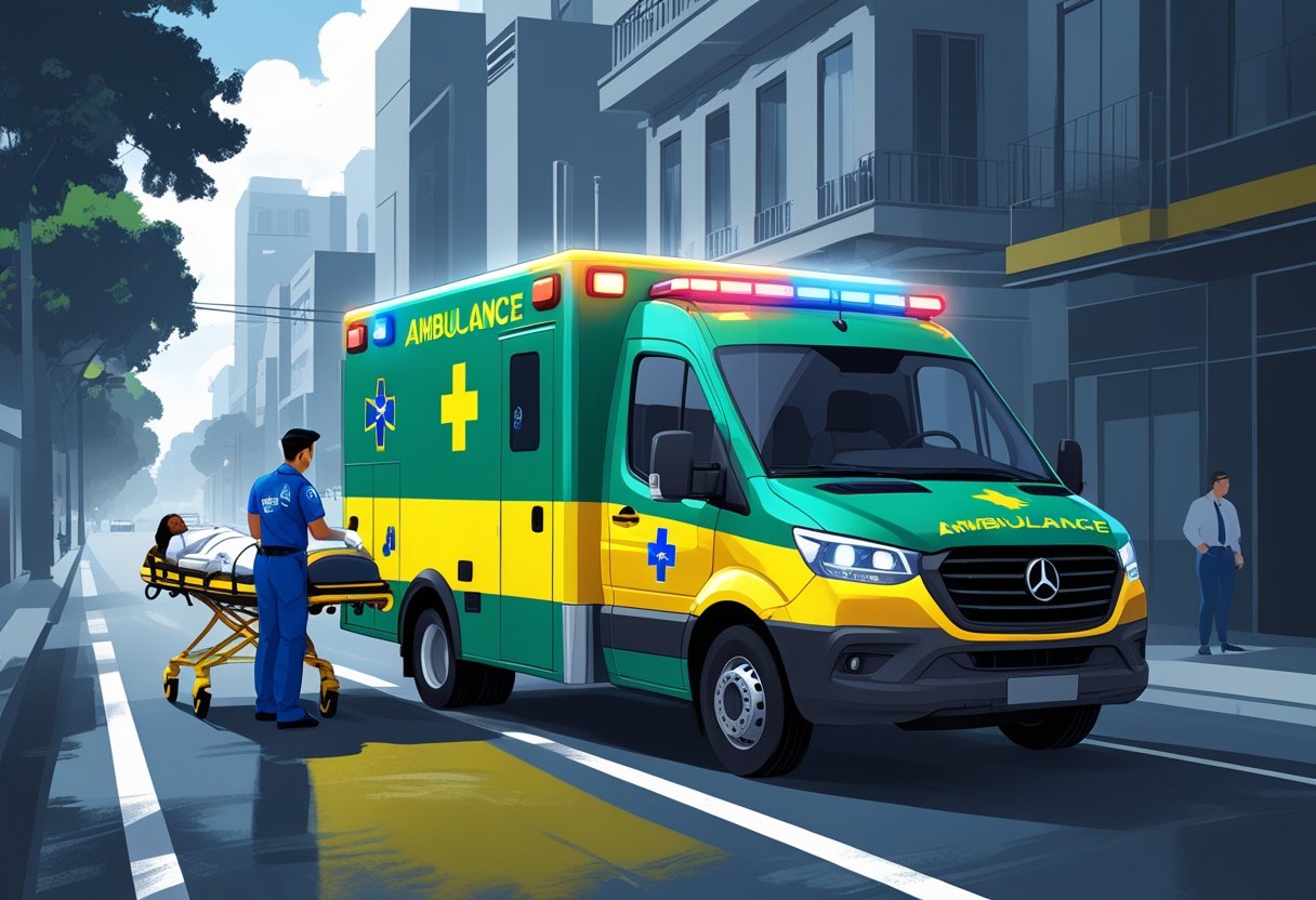 Cena de uma ambulância brasileira com paramédico atendendo um paciente em uma rua da cidade.