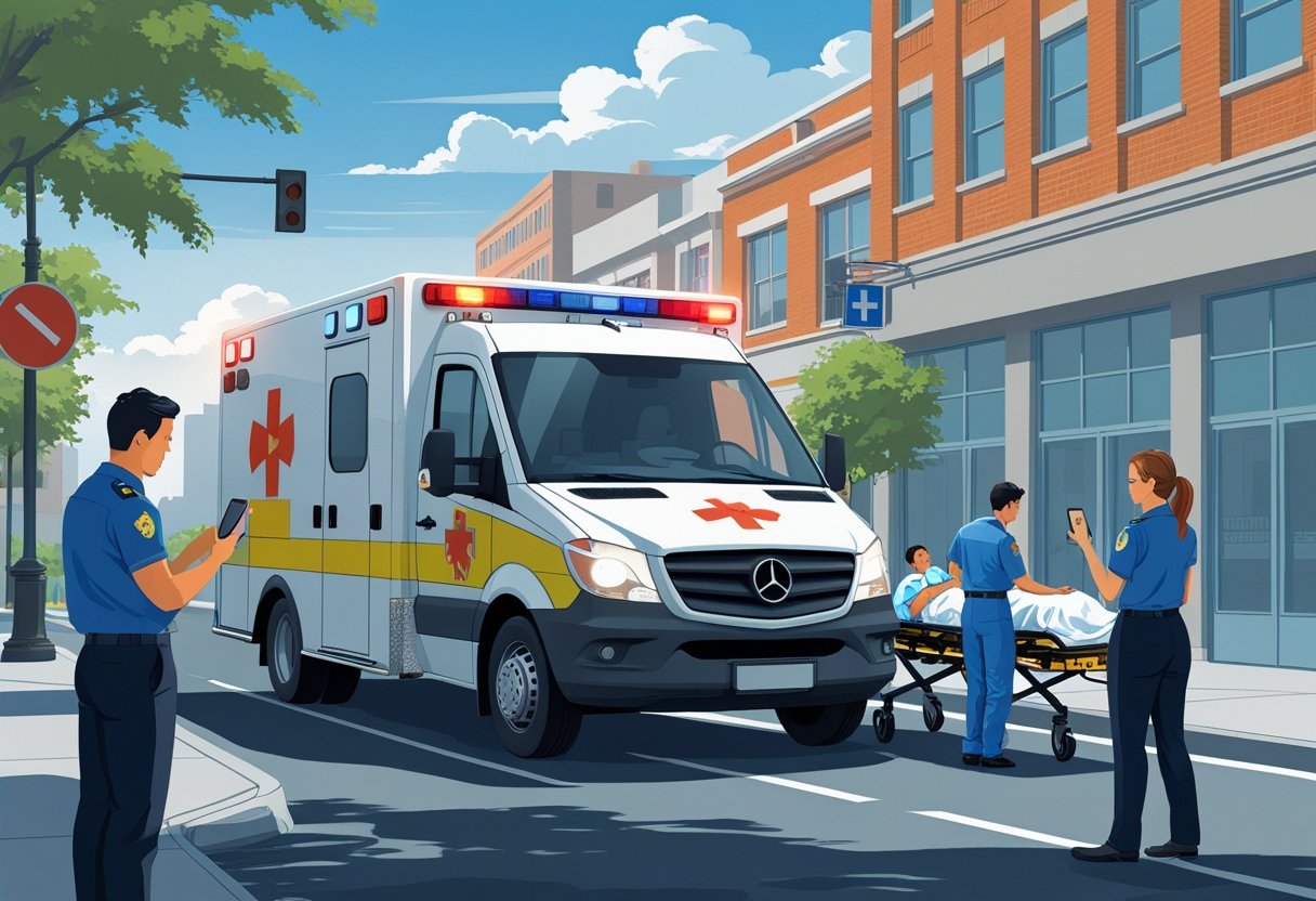 Cena de atendimento de emergência com uma ambulância, paramédicos ajudando um paciente em uma maca, e uma pessoa fazendo uma ligação de emergência no celular.