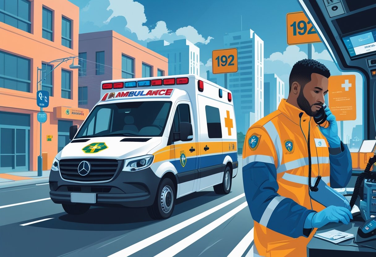 Qual o Número da Ambulância no Brasil: Guia Completo para Emergências Médicas Uma ambulância em uma rua da cidade com um paramédico preparando equipamentos médicos e um despachante atendendo uma chamada de emergência.