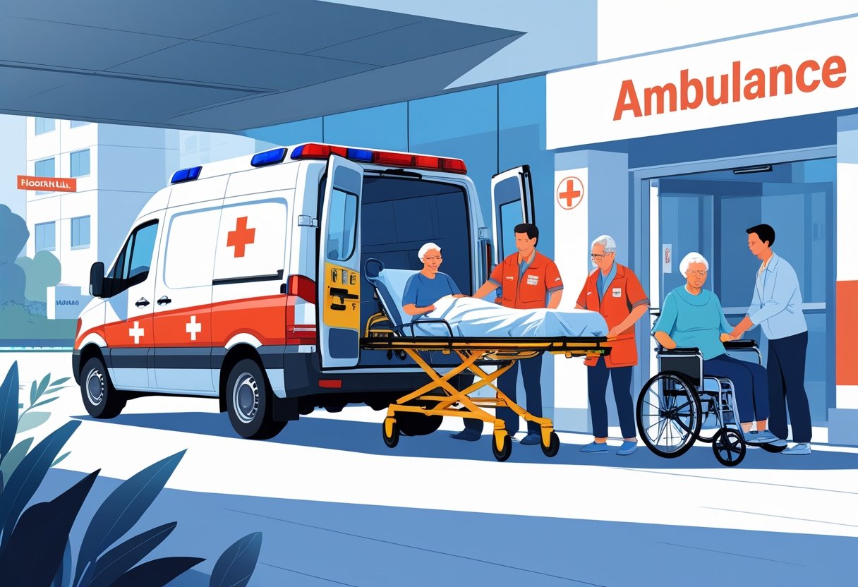 Ambulância estacionada em frente a um hospital com paramédicos ajudando um paciente em uma maca, enquanto outras pessoas de diferentes idades aguardam atendimento.