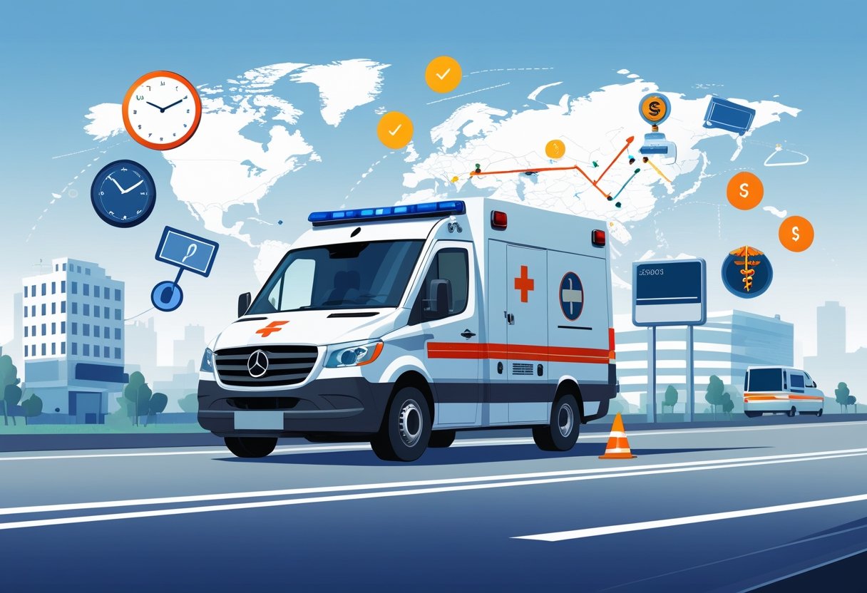 Ambulância em uma estrada com ícones ao redor representando tempo, distância, custo e equipamentos médicos, com hospital ao fundo.