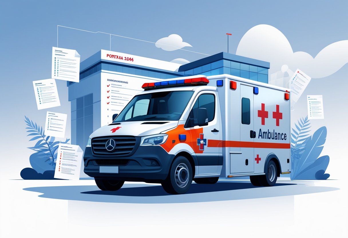 Portaria 2048 Ambulância: Normas e Requisitos para o Transporte de Urgência e Emergência Uma ambulância moderna estacionada em frente a um prédio oficial, com elementos que representam regulamentação e segurança ao redor.