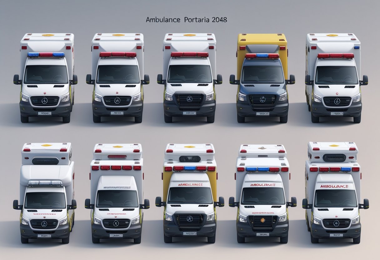 Portaria 2048 Ambulância: Normas e Requisitos para o Transporte de Urgência e Emergência Vários tipos de ambulâncias diferentes alinhadas lado a lado, mostrando suas características distintas segundo a classificação da Portaria 2048.