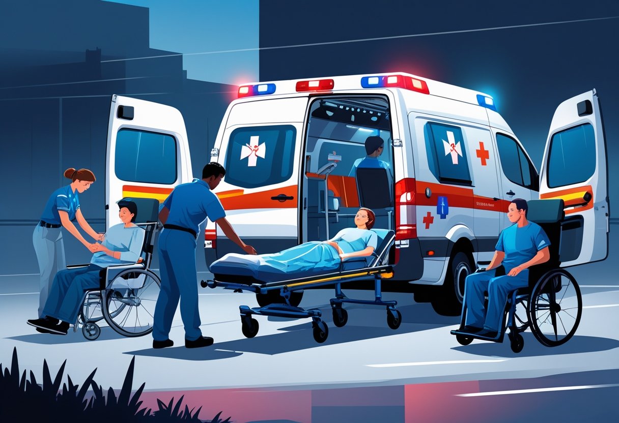 Cena mostrando diferentes tipos de transporte de paciente em uma ambulância, incluindo maca, cadeira de rodas e prancha espinhal, com paramédicos auxiliando.