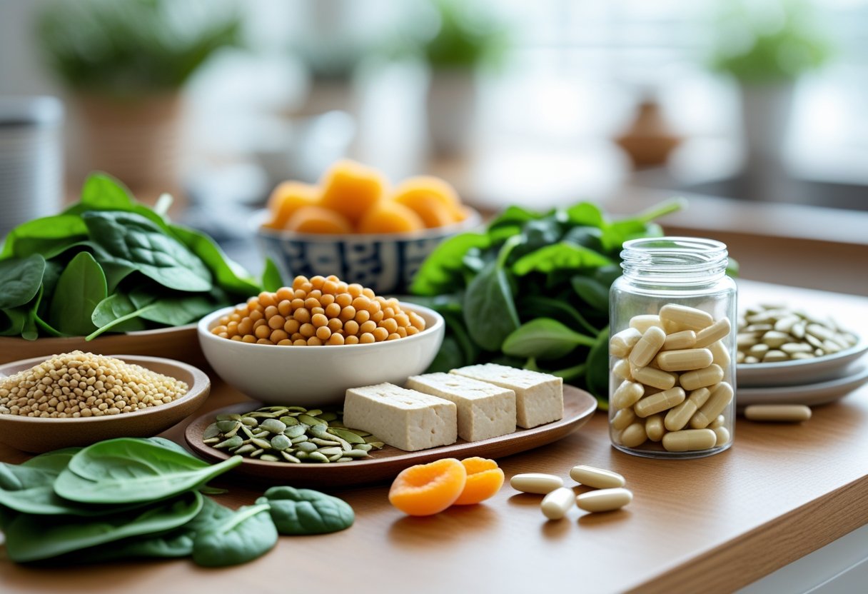 A kitchen table with an assortment of plant-based iron-rich foods and a jar of vegan iron vitamin capsules.
