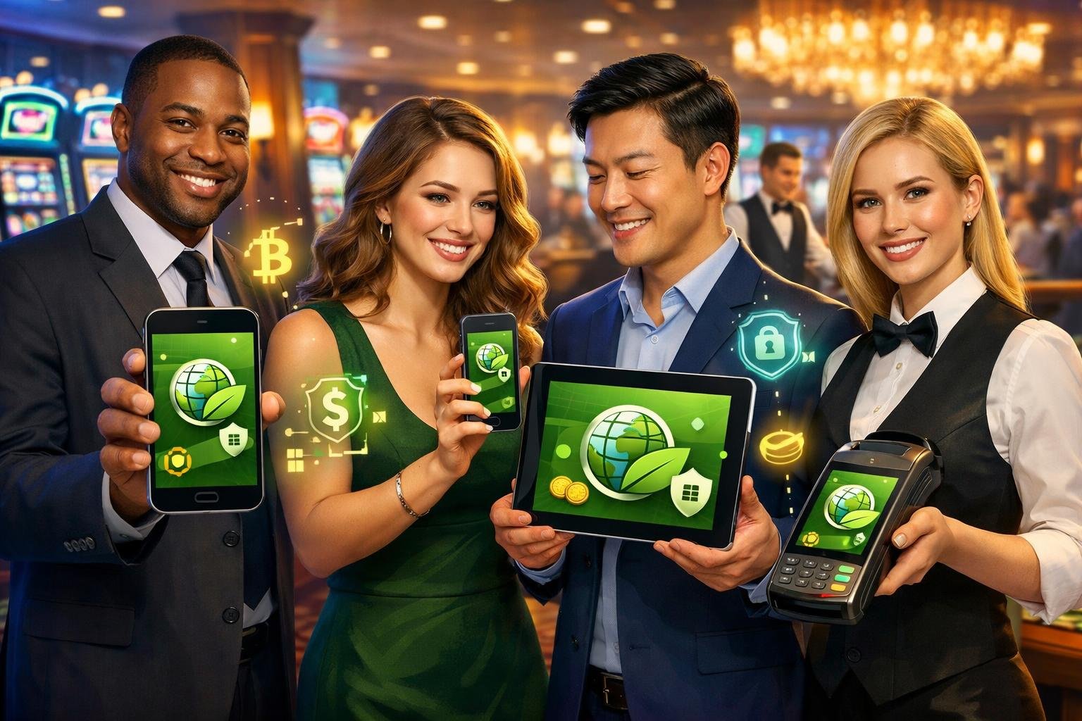 A Group Of People In A Casino Using Digital Devices To Make Secure And EcoFriendly Payments, With Slot Machines And Gaming Tables In The Background.