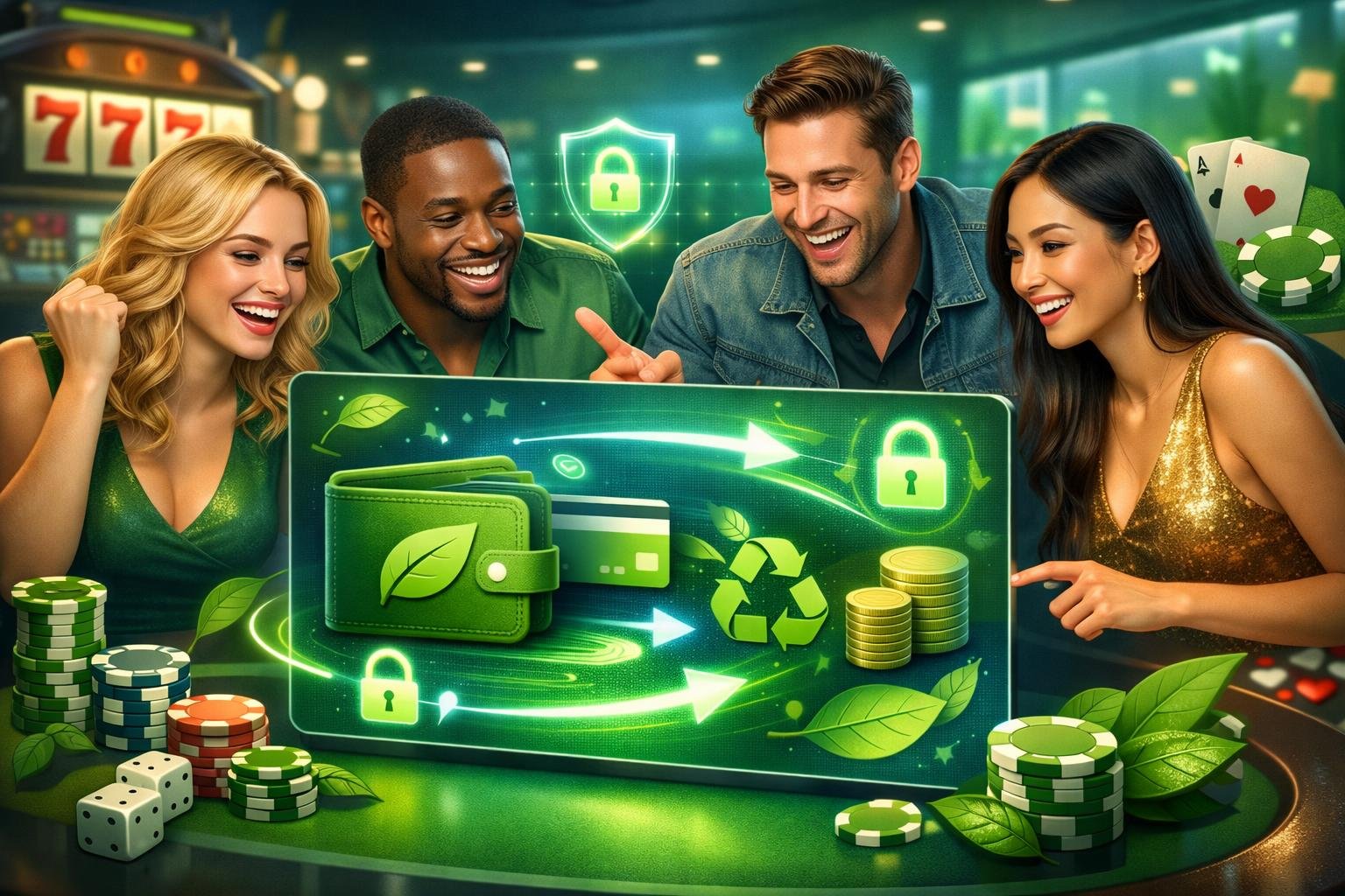 A Group Of Happy Casino Players Using A Secure And Fast Digital Payment System With EcoFriendly Symbols And Casino Elements In The Background.