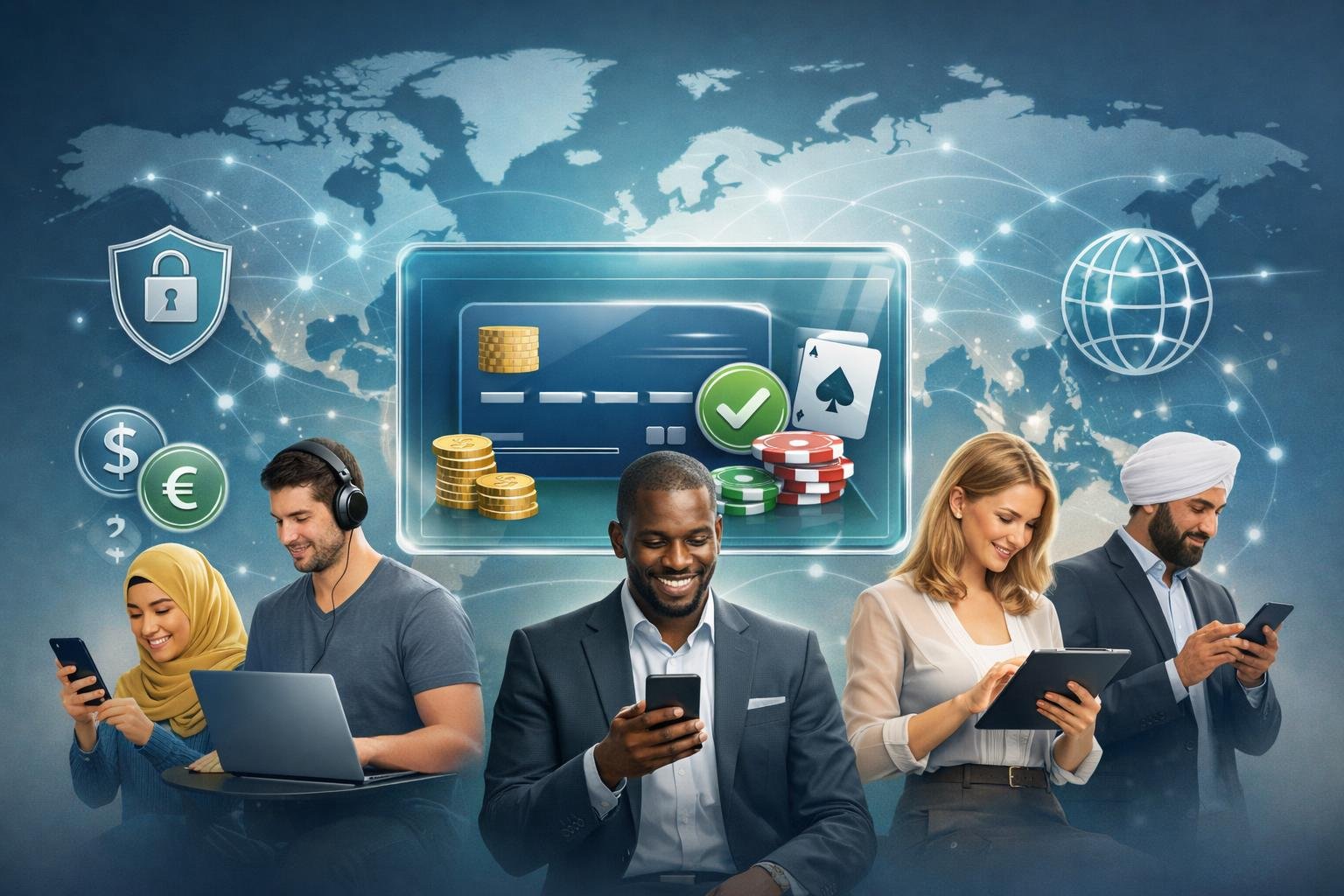 A Diverse Group Of People Using Various Devices Around A Digital Payment Interface With A Glowing World Map And Connection Lines In The Background.