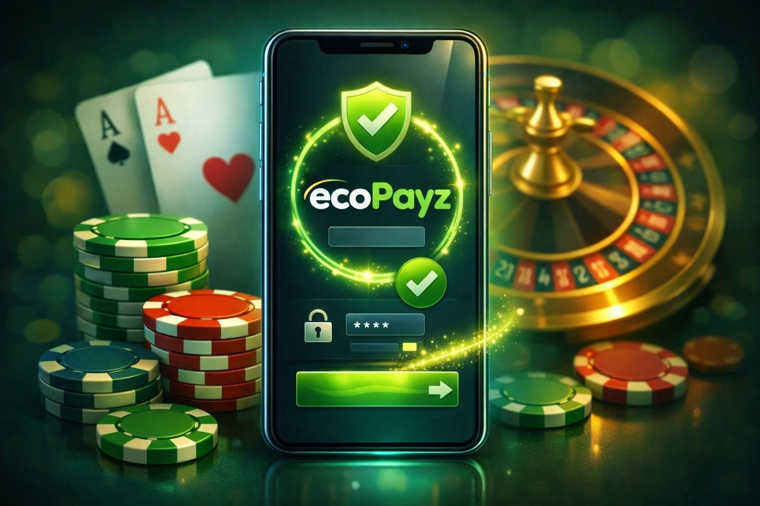 A Smartphone Showing A Secure Digital Wallet Transaction Surrounded By Poker Chips, Playing Cards, And A Roulette Wheel, Symbolizing An Online Casino Payment Method.