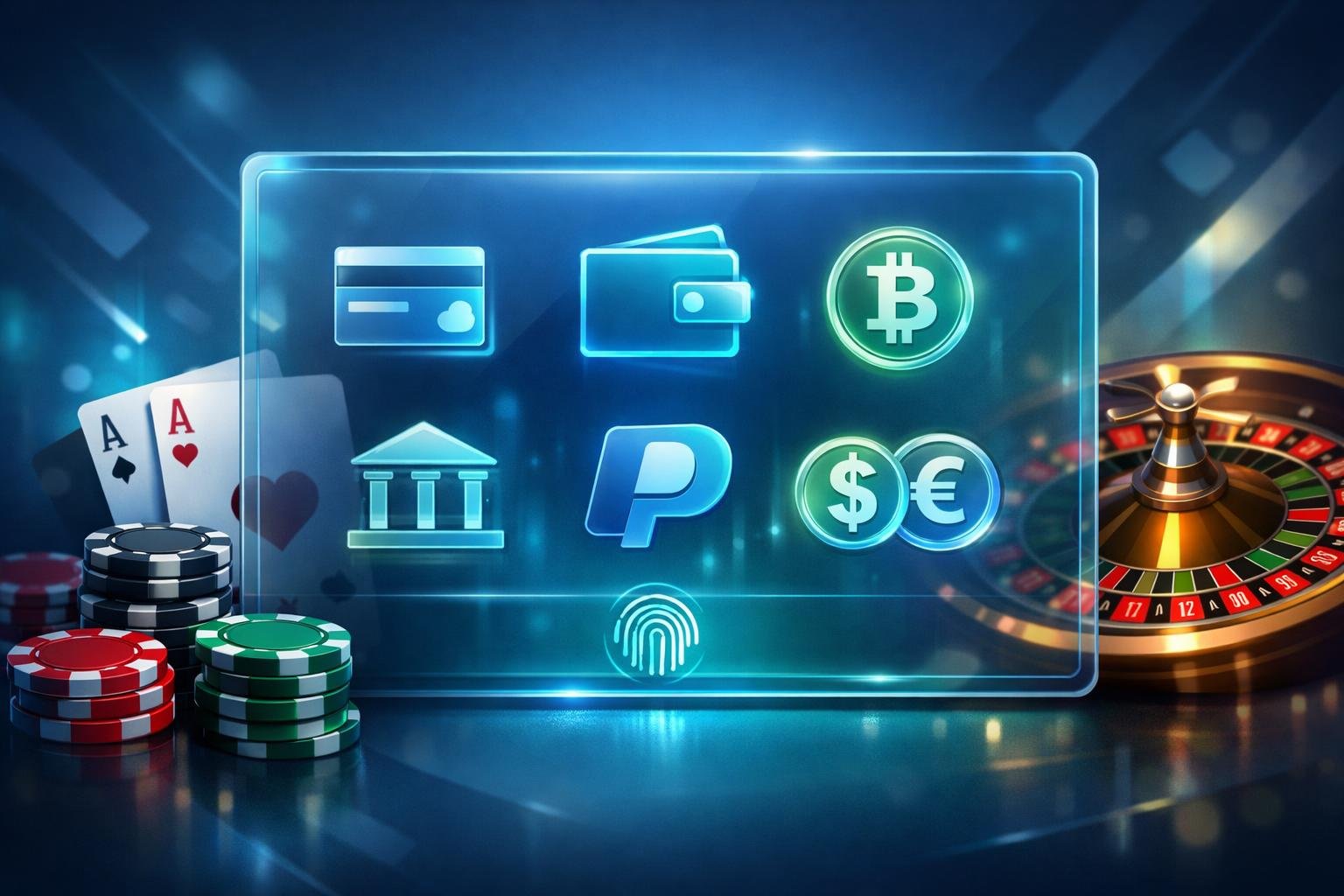 A Digital Touchscreen Panel Showing Various Payment Icons Surrounded By Casino Elements Like Poker Chips, Playing Cards, And A Roulette Wheel.