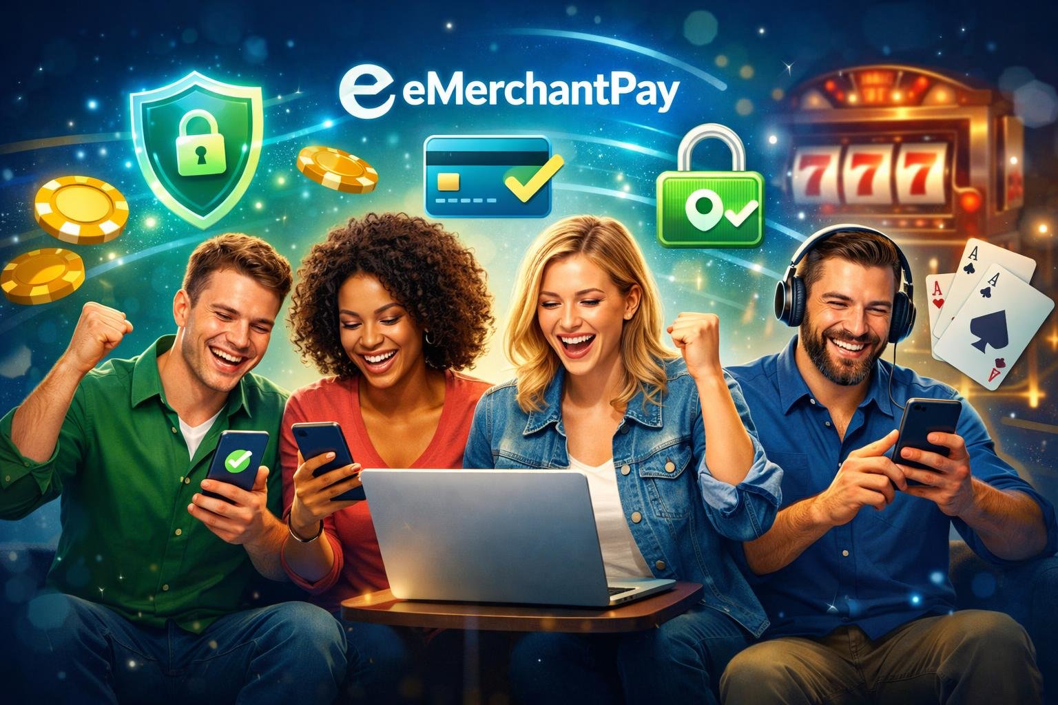 A Group Of Happy Casino Players Using Digital Devices With Symbols Of Secure Online Payments And Casino Elements In The Background.