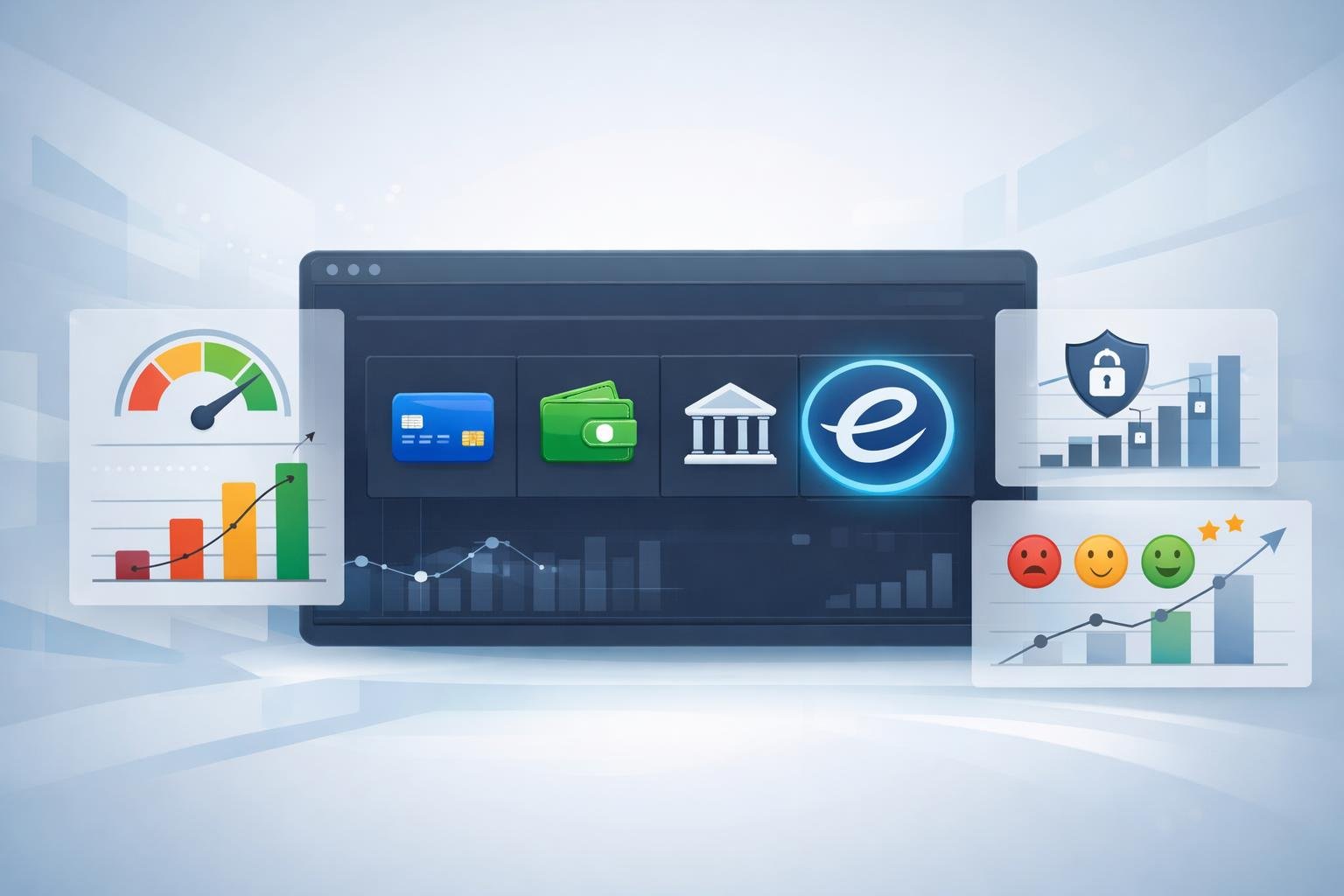 A Digital Dashboard Showing Icons Of Different Online Casino Payment Methods With Charts Comparing Their Features, Highlighting Emerchantpay.