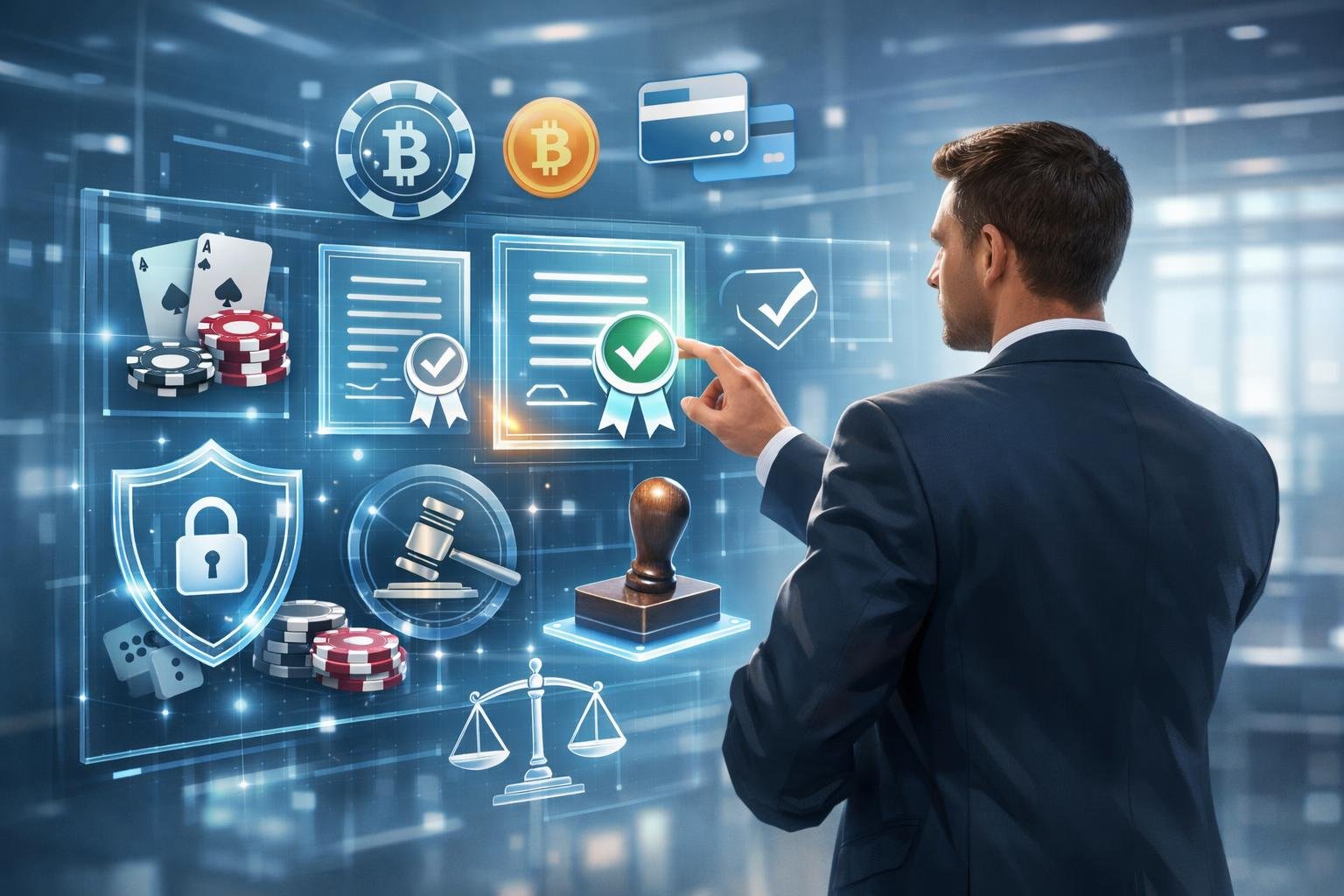 A Business Professional Interacting With A Digital Interface Showing Payment And Casino Symbols, Surrounded By Holographic Security And Compliance Icons In A Modern Office Setting.