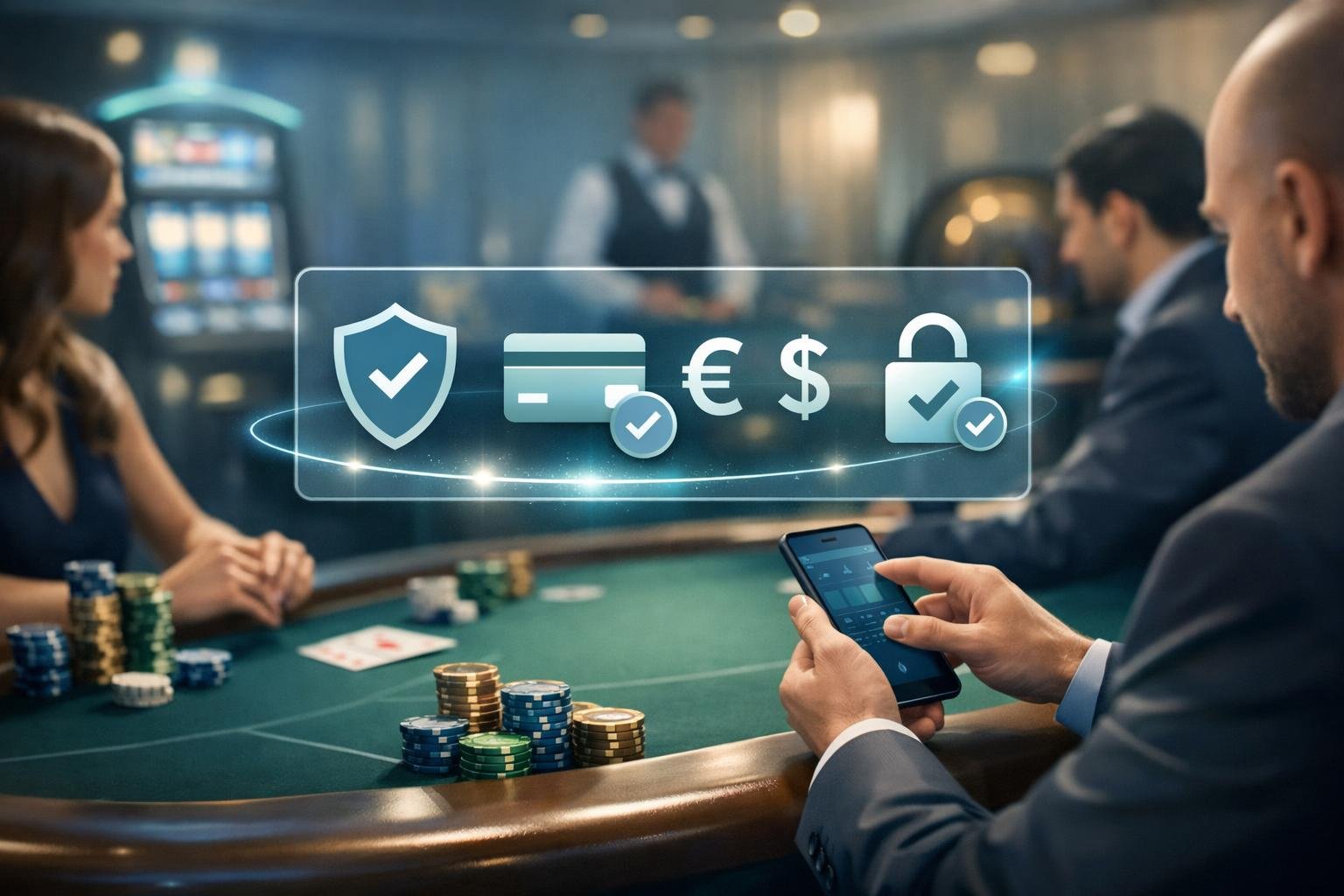 A Modern Casino Scene Showing People Using Digital Devices To Make Secure Payments At A Casino Table With Chips And Cards.