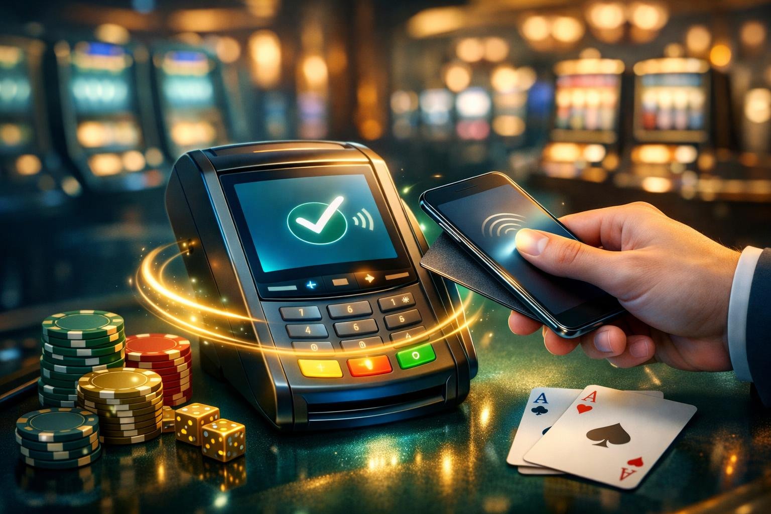 A Person Making A Digital Payment At A Casino Payment Terminal With Casino Chips And Slot Machines In The Background.
