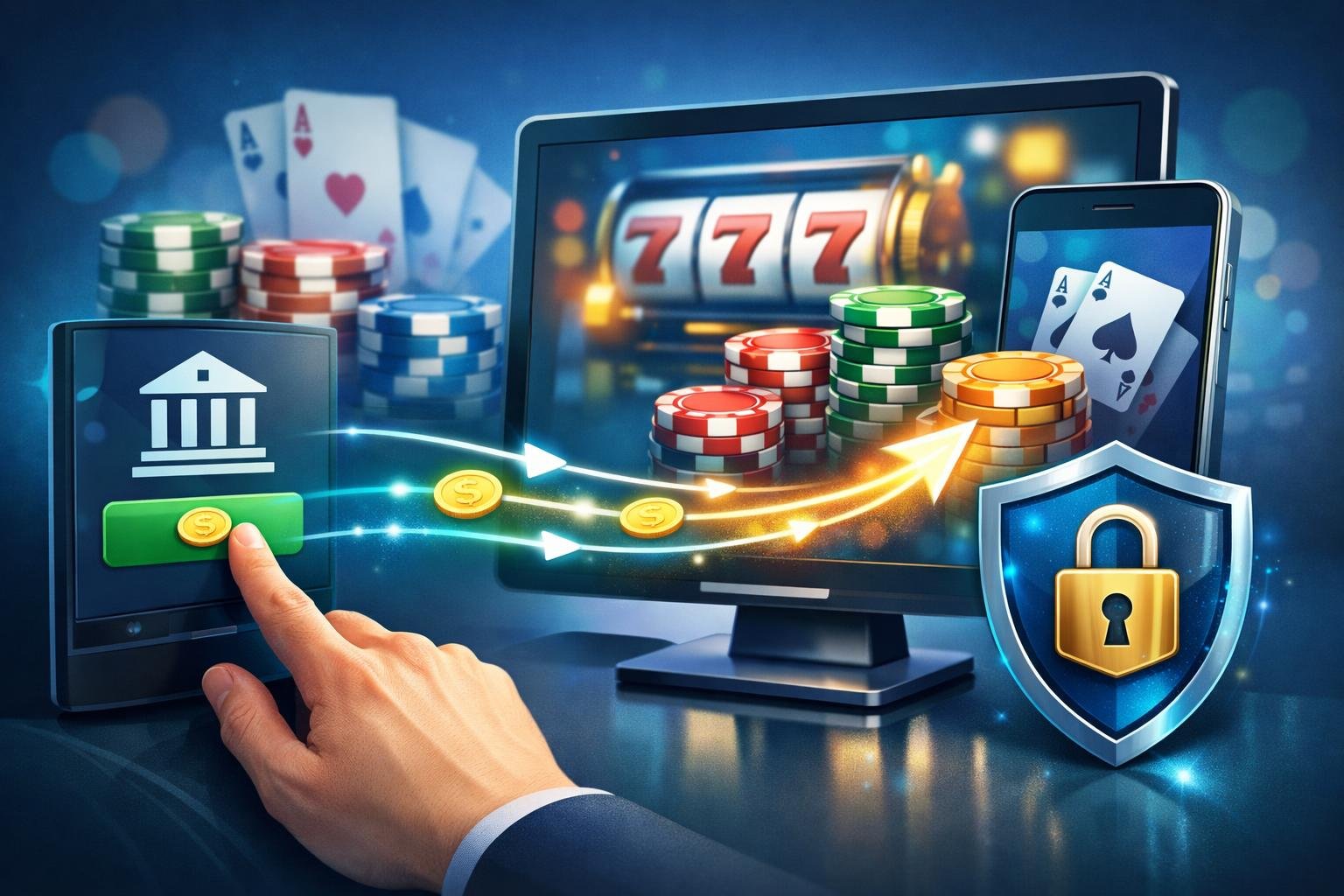 A Hand Making A Secure Digital Payment On A Device With Casino Elements Like Poker Chips And Cards Visible On The Screen.