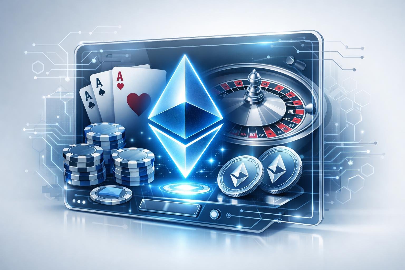 A Digital Casino Interface Showing Ethereum Logos Alongside Poker Chips, Playing Cards, And A Roulette Wheel, Representing A Cryptocurrency Payment Method.