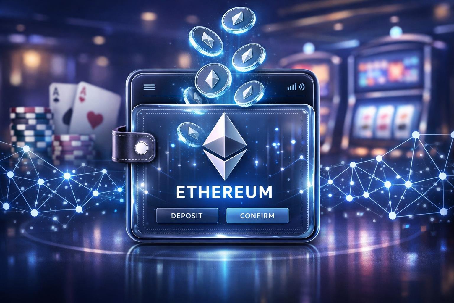 A Digital Wallet With Ethereum Coins And Blockchain Nodes In A Modern Casino Setting With Poker Chips And Cards In The Background.