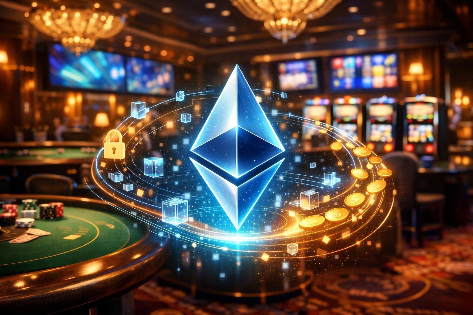 A Modern Casino Interior With Gaming Tables And Slot Machines, Featuring A Glowing Ethereum Logo Surrounded By Digital Network Elements Symbolizing Secure Cryptocurrency Transactions.