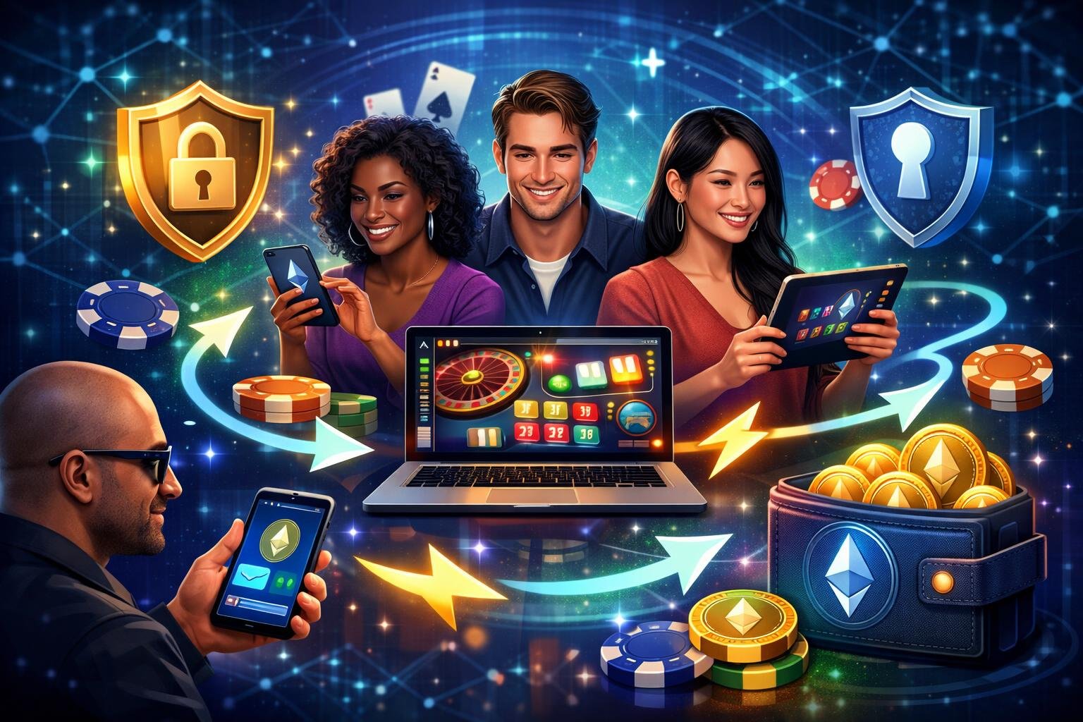 A Group Of Diverse Players Using Various Devices To Access An Online Casino With Glowing Ethereum Coins, Security Icons, And Smooth Transaction Symbols Around Them.