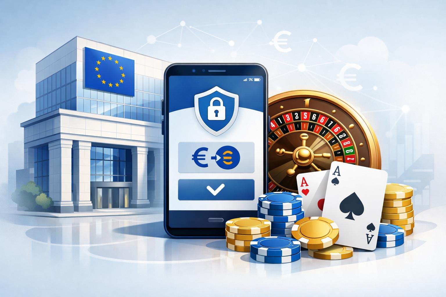 A Modern European Bank Building With Eu Flag, A Digital Payment Device Showing A Secure Transaction, And Casino Elements Like Poker Chips And A Roulette Wheel Nearby.