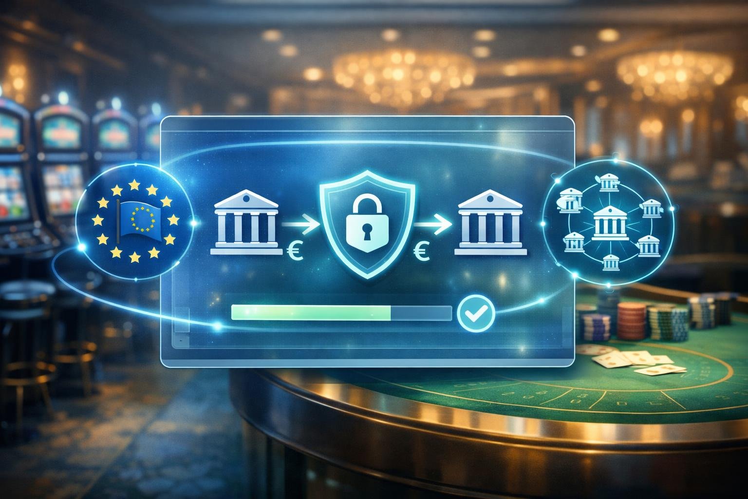 A Casino Scene With Slot Machines And Gaming Tables, Featuring A Digital Bank Transfer Interface Symbolizing Secure Eu Sepa Payments.