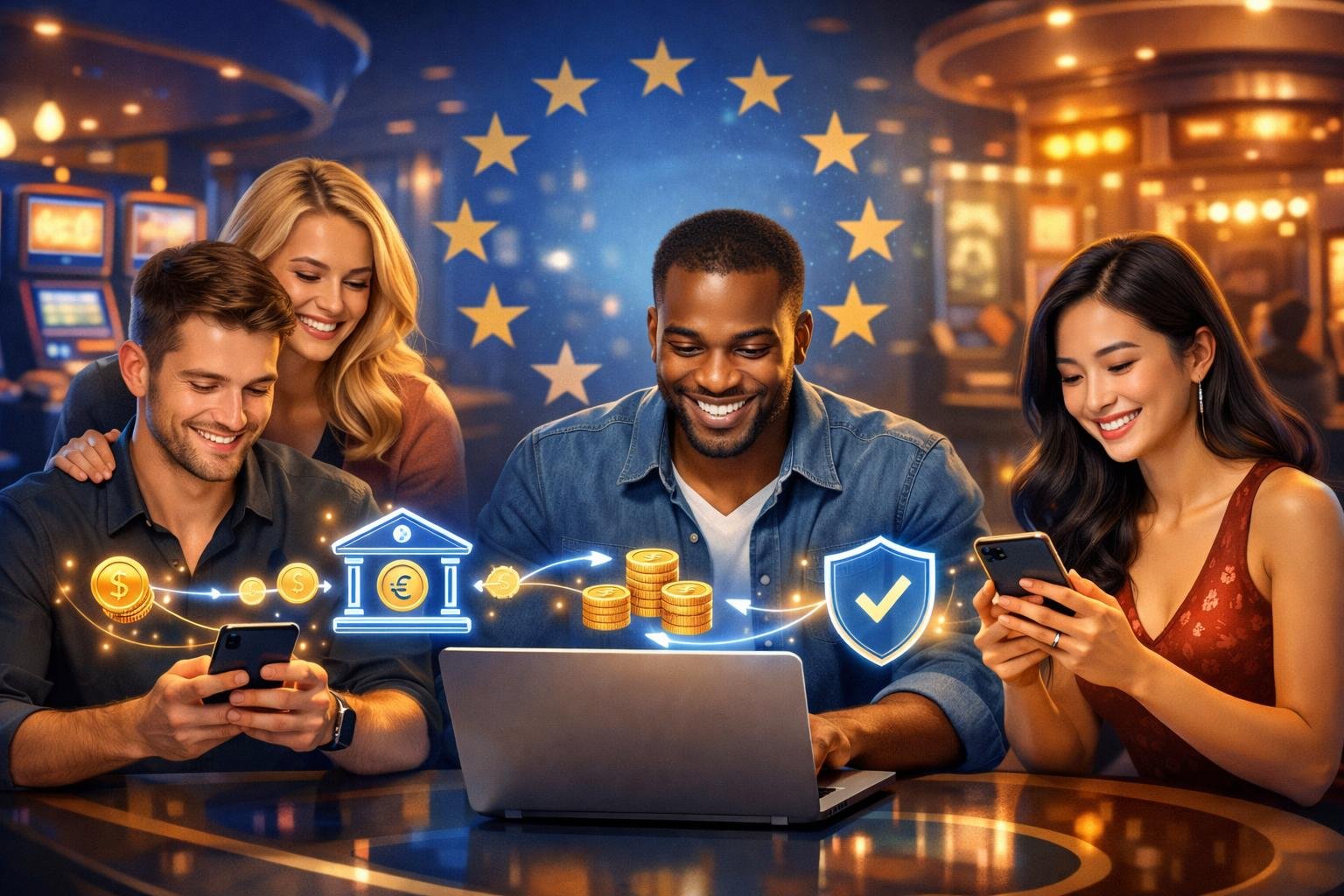A Group Of Happy Casino Players Using Digital Devices With Visual Elements Representing Secure And Fast Banking Transactions In A Casino Environment.